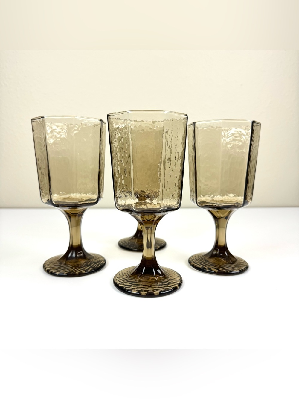 Vintage 80s Libbey Facets Octagonal Pedestal Goblets / Set of 4 / Smoked Glass